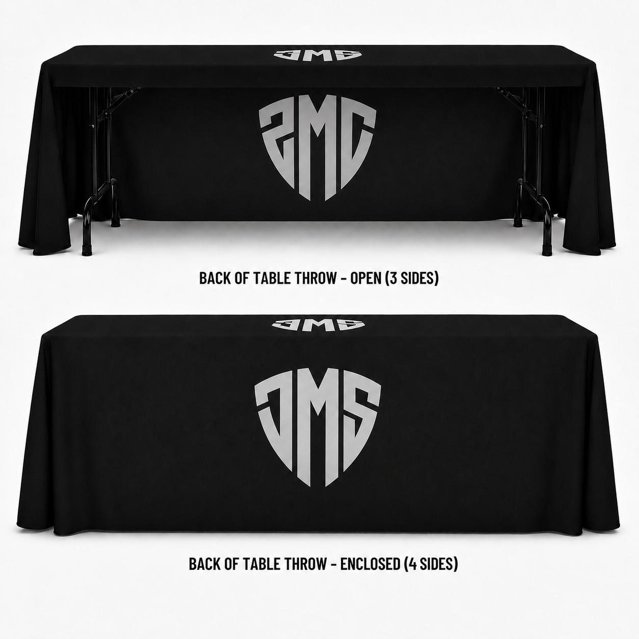 Comparison of a 3-sided open back table throw and a 4-sided enclosed full back table throw