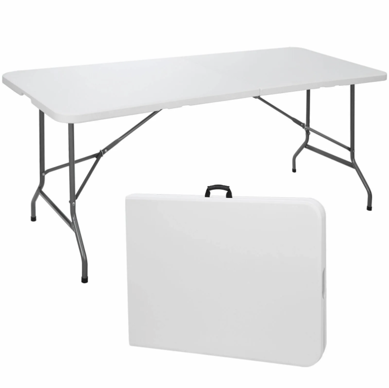 Foldable table shown open with legs extended and folded closed with carry handle