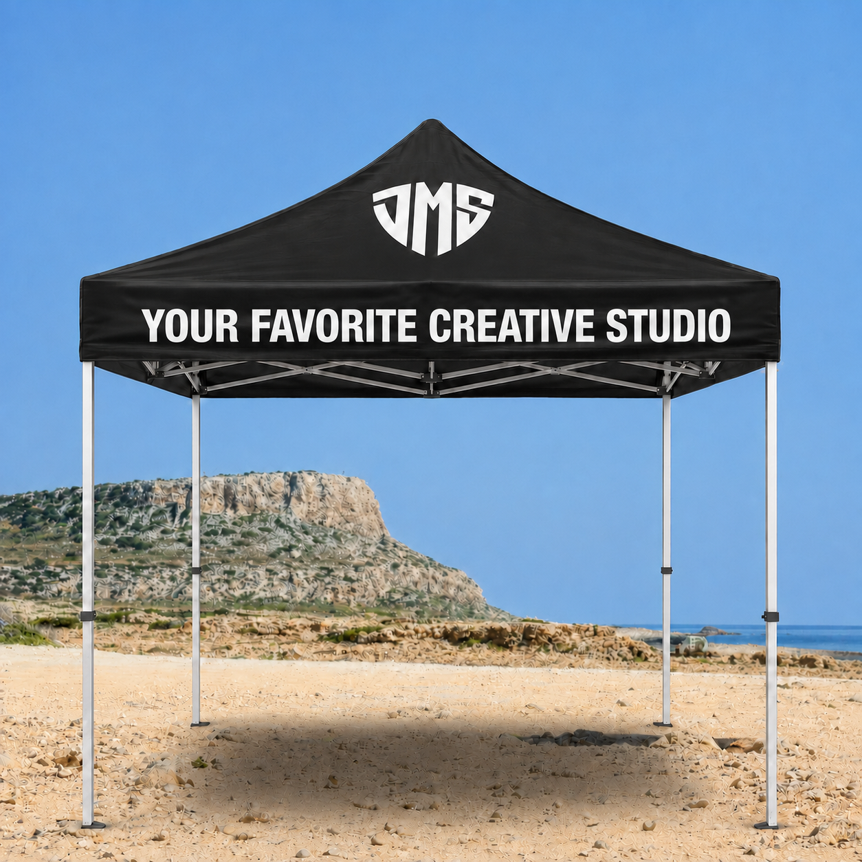 Custom printed black 10ft x 10ft canopy tent with branded peaks and valance — DMS Studios
